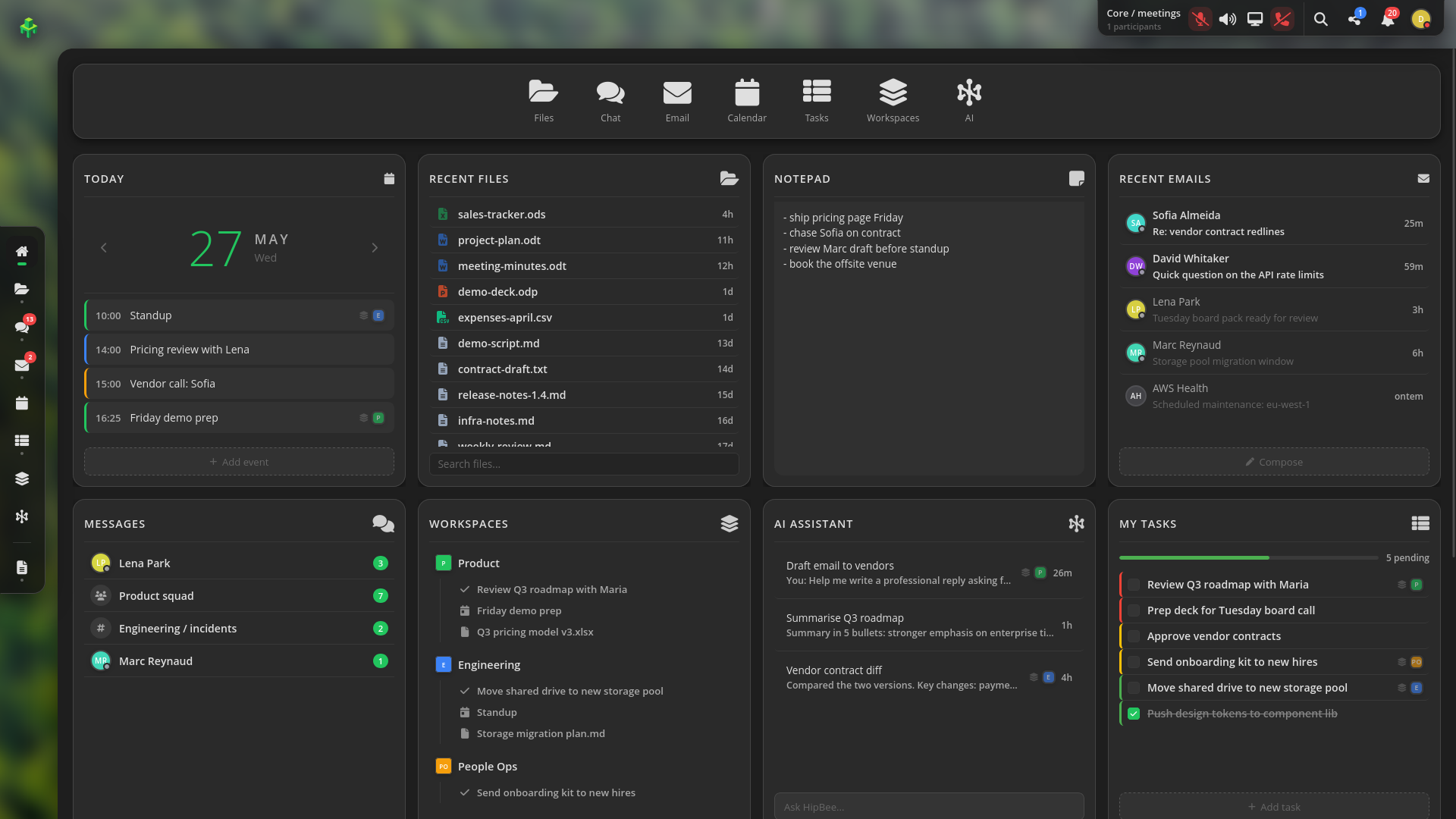 desk:NG dashboard with files, mail, calendar, tasks, workspaces and AI assistant